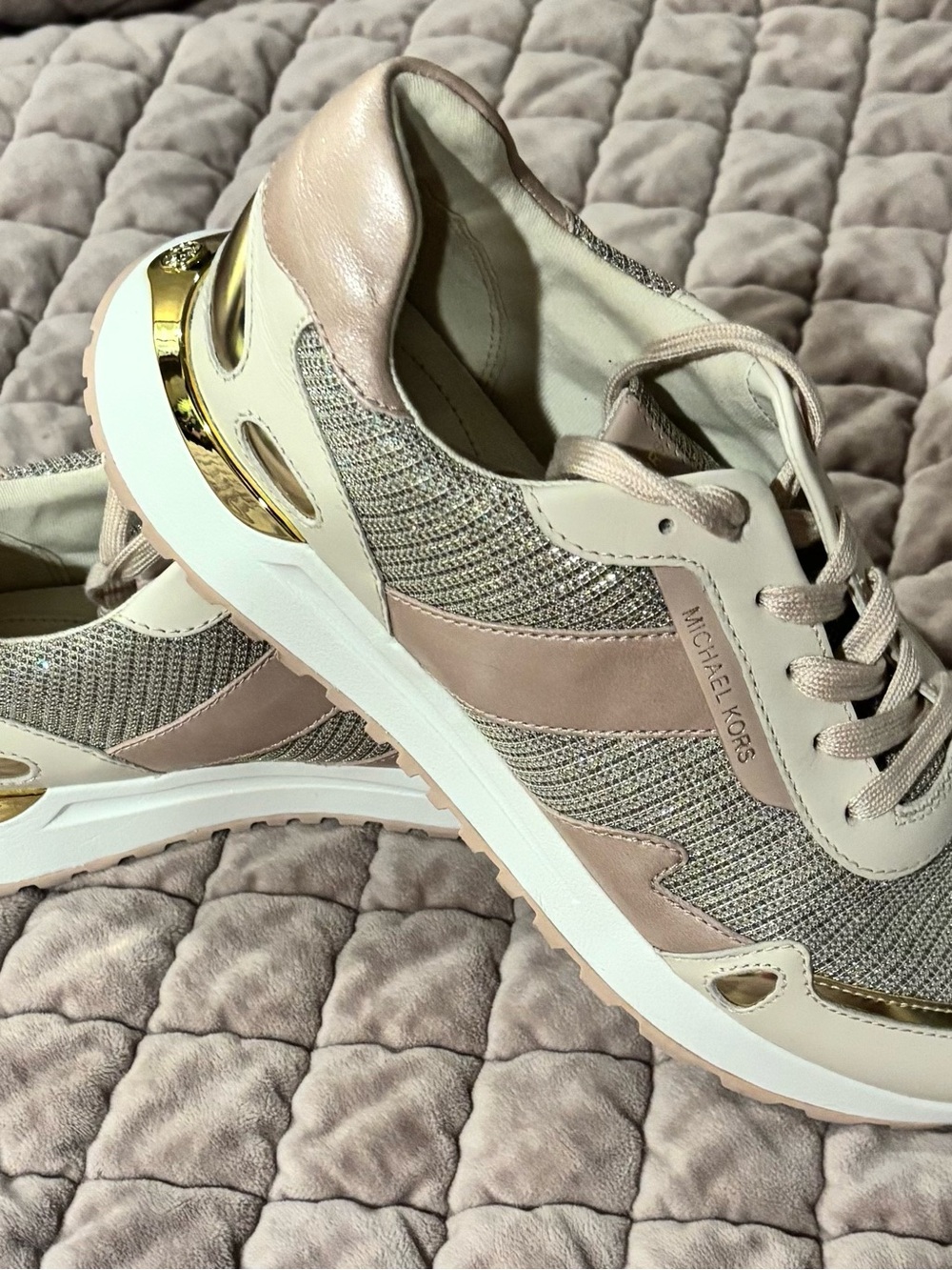 Michael Kors Pink Taupe Knit & Leather Sneakers with Gold Trim